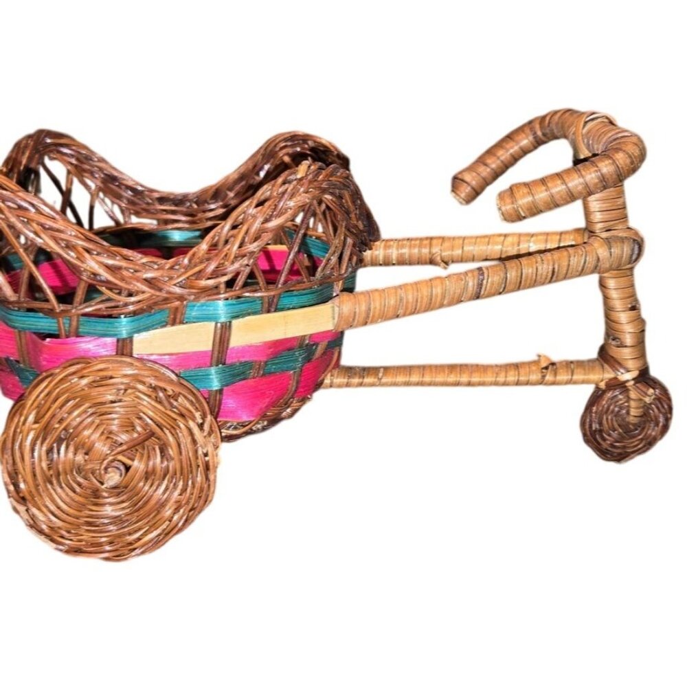 Vintage Wicker Tricycle Planter Basket With Colorful Weave Design boho cottage